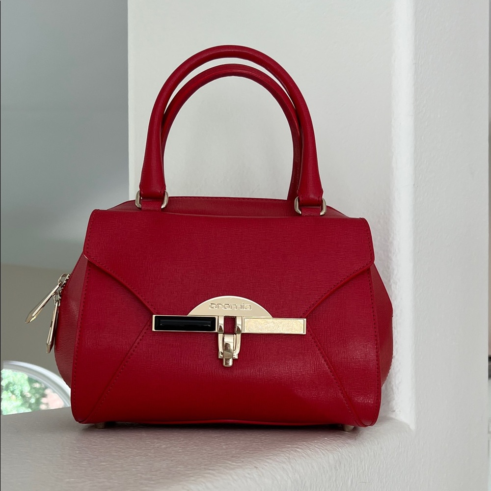 Chic Red Satchel with Gold Accents